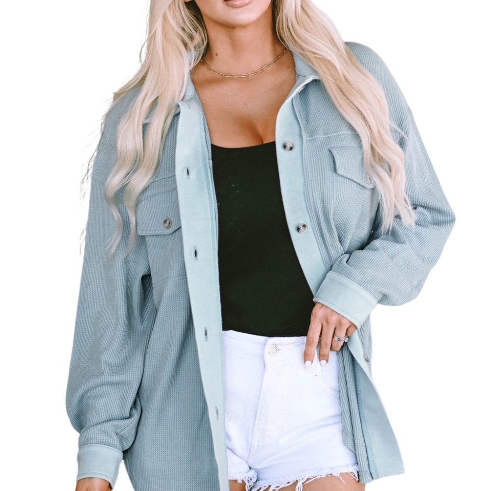 Sky Blue Waffle Knit Pocketed Button-Up Shacket - Picture 4 of 16